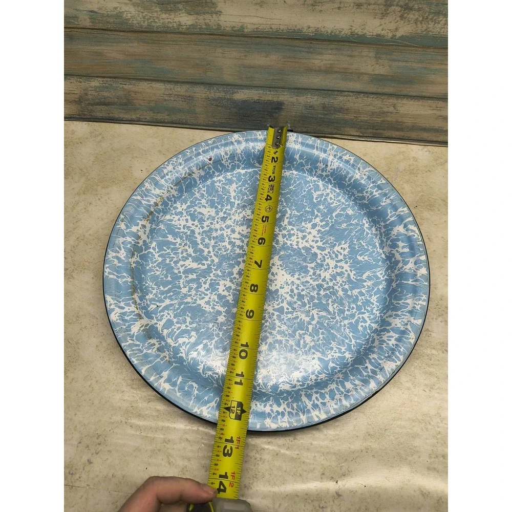 Vtg Graniteware Pie Plate Blue White‎ Splatter Enamel Retro Farmhouse Rustic